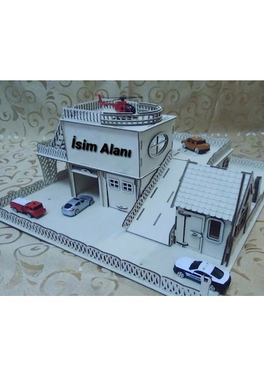 Ahşap 3 Katlı Otopark ve Gaz İstasyonu Beyaz