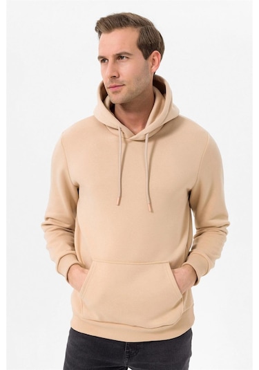Süvari Kapüşonlu Yaka Regular Kalıp Düz Bej Sweatshirt Bej