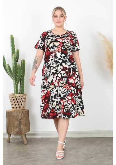 Kadın Kırmızı Bej Kanat Desen Midi Elbise Kırmızı