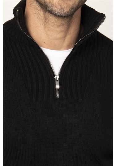 Tudors Slim Fit Dar Kesim Dik Yaka Fermuarlı Erkek Kazak-26347 Siyah