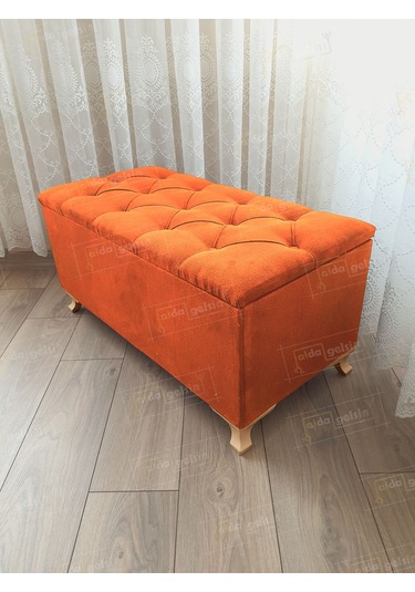 Lüks Sandıklı Kapitoneli Ayakucu Puf Bench 100 Cm Gold Ayak Turuncu