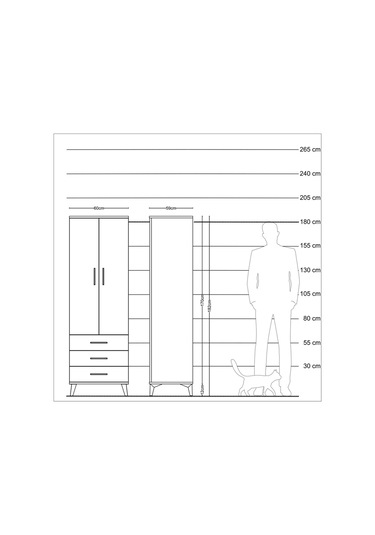 Kronos Dolap Tek Raflı 3 Çekmeceli Tek Askılı 60x59x182 Çam-çam Çam