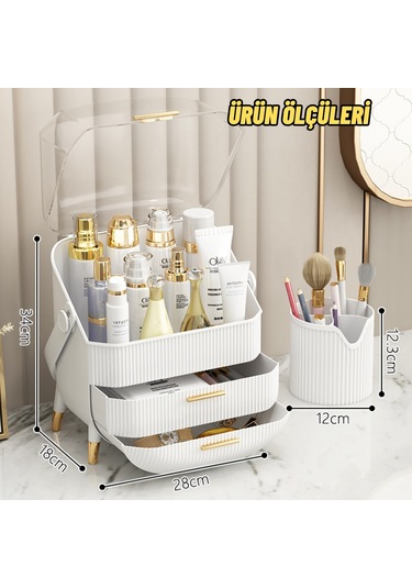 Çekmeceli Makyaj Kutusu Ve Düzenleyici Kozmetik Eşya Masa Üstü Organizer Beyaz