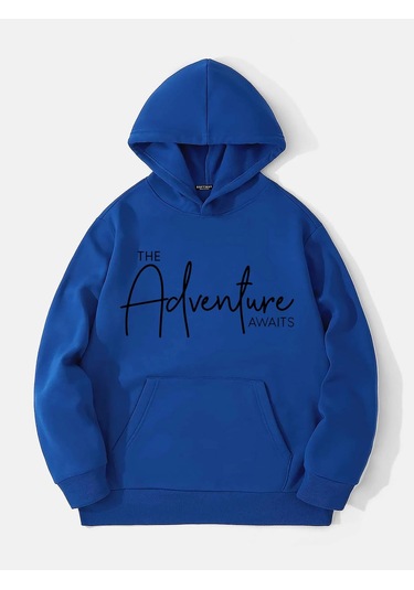 Unisex Adventure Baskılı Kapüşonlu İçi Yumuşak Polarlı Oversize Sweatshirt - Saks Mavisi Saks Mavisi
