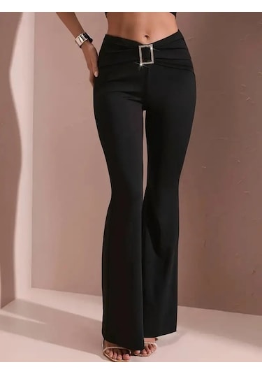 Simala Kadın Yüksek Bel Tokalı Ispanyol Paçalı Dalgıç Pantolon Siyah