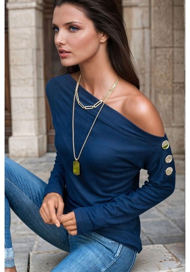 Lacivert Asimterik Kesim, Uzun Kollu, Düğme Detaylı Bluz Lacivert