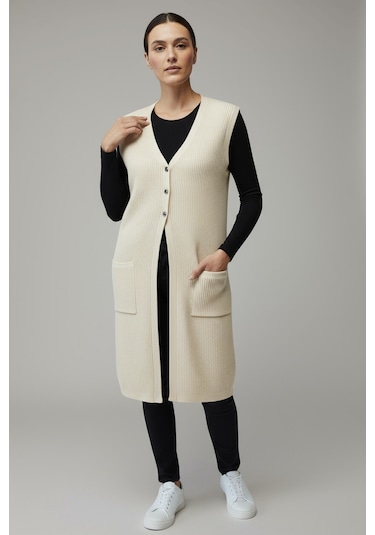 Kadın Önü 3 Düğmeli Üstten Cepli Uzun Yelek Krem