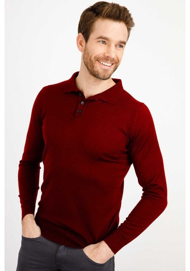 Desen Triko Erkek Basic Polo Yaka İnce Triko Kazak 02421601 Bordo Bordo