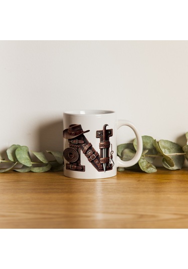 N Harfi Kovboy Temalı Bardak 330 Ml İsim / Harf Kişiye Özel Hediye - Vahşi Batı Konsept Beyaz