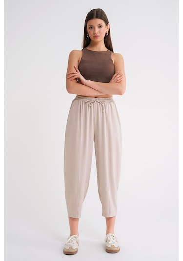 4307 Kadın Beli Lastikli Parçalı Şalvar Pantolon Taş Taş