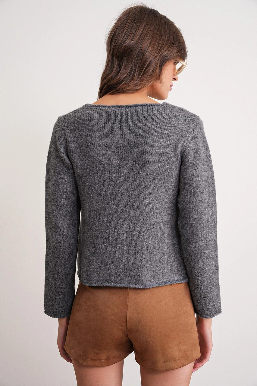 6957 Kadın Düğmeli Bisiklet Yaka Triko Hırka Antrasit Antrasit