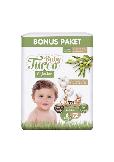 Baby Turco Doğadan Bebek Bezi 6 Numara Xlarge Bonus Paket 72 Adet