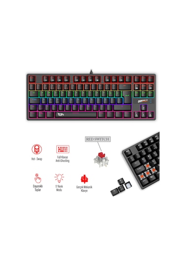Fullflex Mekanik Klavye Gaming Klavye 87 Tuşlu Hot Swap Işıklı Türkçe Q Klavye Red Oyuncu Klavyesi