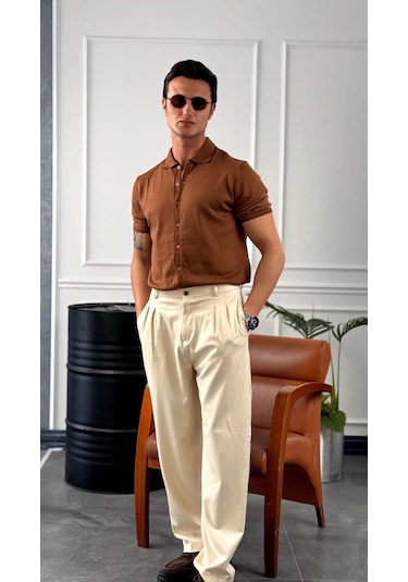 Modefendi Slim Fit Polo Yaka Triko Pamuk Kısa Kollu Gömlek Kahverengi