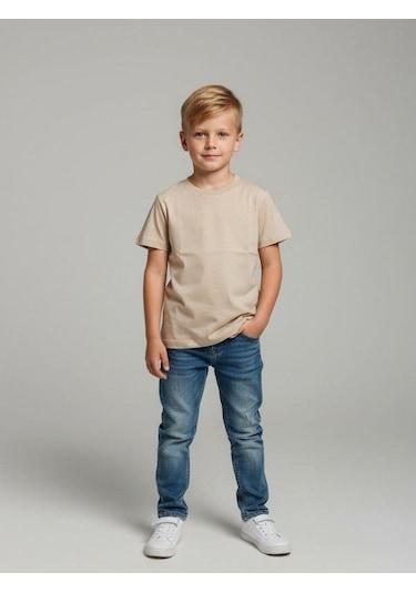 Zekids Çocuk Pamuklu Basic Yuvarlak Yaka T-shirt-16714 Bej