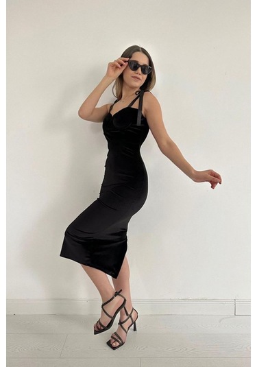 Siyah Saten Askılı Kadife Elbise Siyah