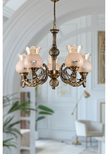 Beş Kollu Metal Eskitme Cadena Döküm Zamak Avize Mat Bal Camlı ESKİTME BAL