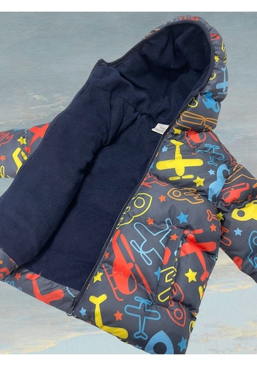 Freemen Erkek Çocuk Polarlı Kapüşonlu Helikopter Desenli Kışlık Şişme Mont Çok Renkli