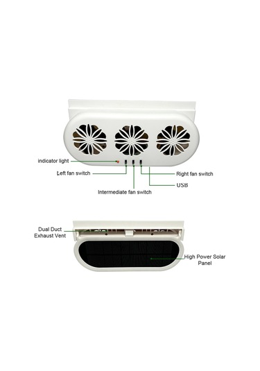 Hallow-3  Usb Ve Güneş Enerjili Fanlı Araba Egzoz Hava Vantilatörü Beyaz