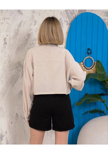 Kemer Cepli Keten Crop Gömlek Krem S255350 Krem