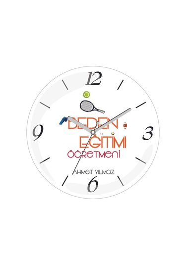 Kişiye Özel Beden Eğitimi Öğretmeni Raket Tenis Çap 30 Bombeli Gerçek Cam Duvar Saati Siyah