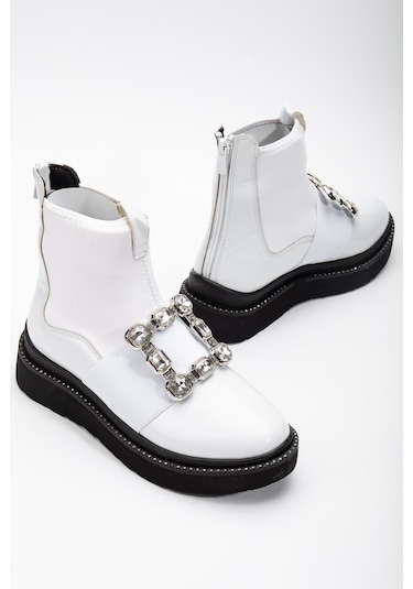 Rugan Streç Taşlı Kalın Taban Beyaz Kadın Bot-2618-beyaz Beyaz