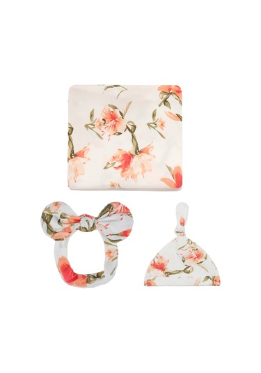 Moveevo Su5013 Bebek Kundak Üçlü Set Baskılı Kundak + Şapka + Saç Bandı 80 80cm Beyaz Şakayık Çok Renkli