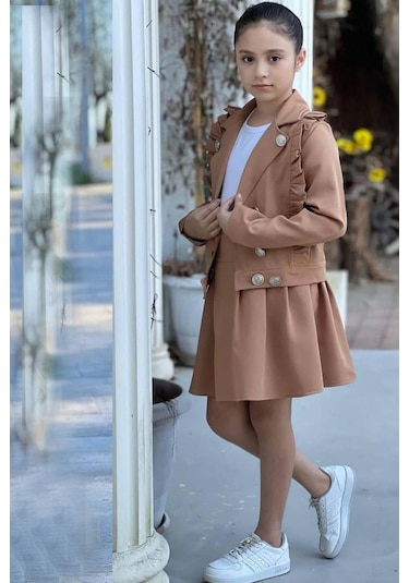 Riccotarz Kız Çocuk Gümüş Düğme Ve Fırfır Detaylı Kahverengi Ceket Etekli Takım 001