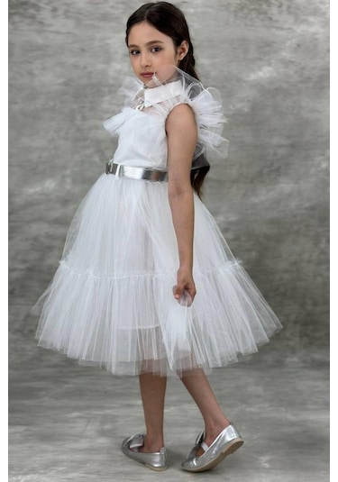 Ricctarz Kız Çocuk Gömlek Yaka Göğsü Ve Kolları Tül Detaylı Wednesday Beyaz Elbise 001