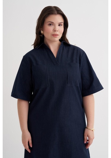Kısa Kollu Cepli Denim Elbise-6244 Mavi