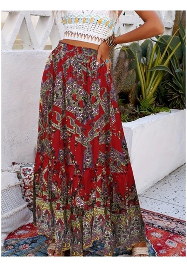 Kırmızı Paisley Desenli Büzgülü Etekler, Boho Pileli Yazlık Maxi Etekler, Kadın Giyim Kırmızı