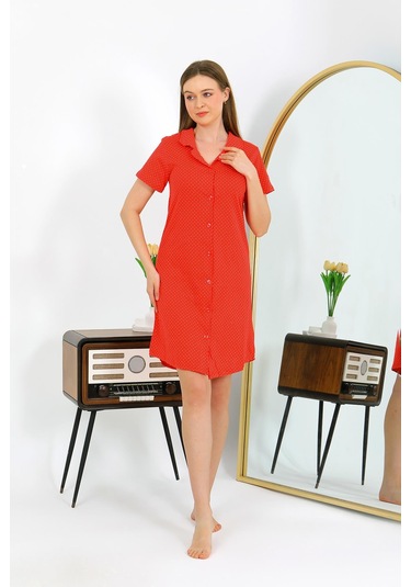 Akbeniz Kadın Pamuk Penye Kısa Kol Düğmeli Kırmızı Tunik Gecelik 13112 Kırmızı