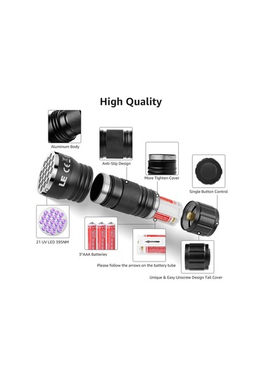 Valkyrie 21 Led 395nm Güneş Işığı Eltraviyole Uv El Feneri - Siyah Fener - Evcil Hayvan Otel Ev Temizlik Para Taş Mücevherat Siyah
