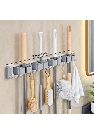Chenkestoreone Metal Askılı 5 Kancalı 4 Klipsli Duvara Monte Paspas Ve Süpürge Askısı Gümüş Rengi