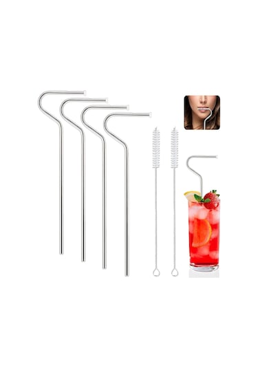 Dofolink 4 Adet Çelik Pipet + 2 Temizleme Fırça Seti - Gözle Görülür Gülüş Kırışıklığını Azaltan, Yeniden Kullanılabilir, Çevre Dostu, Flüt Desenli Gümüş Rengi