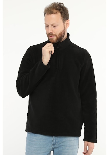 Uniprom Erkek Normal Kesim Dik Yaka Yarım Fermuarlı Polar Sweatshirt Siyah