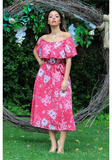 Neşeli Butik Kadın Fuşya Bağlama Detaylı Madonna Yaka Şifon Elbise Nb100371 Fuşya