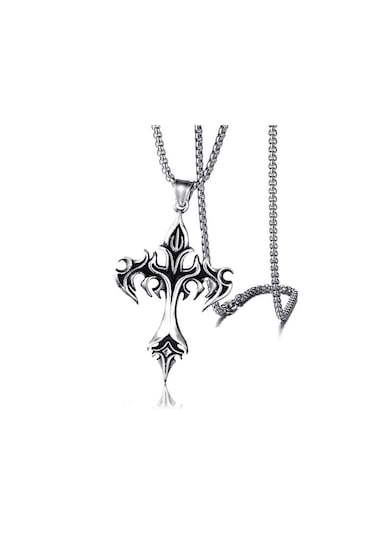 Gotik Alev Haç Kolye Kolye Erkek 50 Cm Paslanmaz Çelik Zincir Boyun Punk Hediye Gümüş