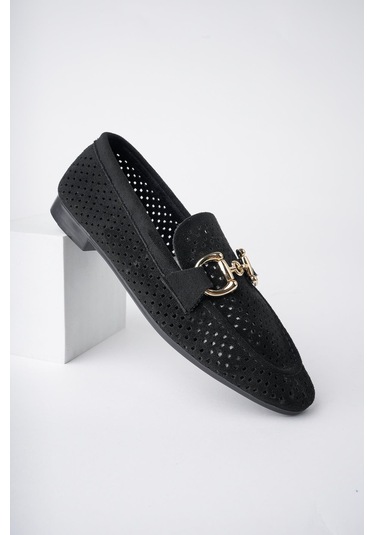 Muggo Phuket Garantili Metal Tokalı Lazerli Nefes Alabilen Deri Kadın Loafer Günlük Ayakkabı Siyah