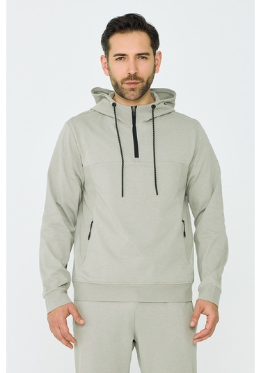 White Stone Açık Yeşil Kapüşonlu Yarım Fermuarlı Yandan Cepli Erkek Sweatshirt Khaık