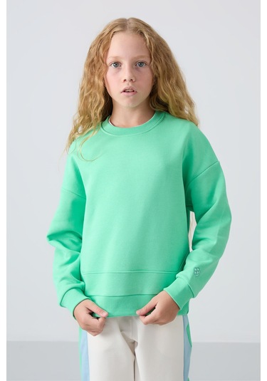 Tommy Life Su Yeşil Pamuklu İçi Tüylü Yumuşak Dokulu Oversize Nakışlı Kız Çocuk Sweatshirt - 75150 Su Yeşili
