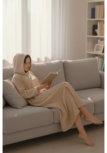 Serona Wellsoft Peluş Kapüşonlu Uzun Panço Yumuşak Dokulu Giyilebilir Tv Battaniyesi Bej S/m Bej