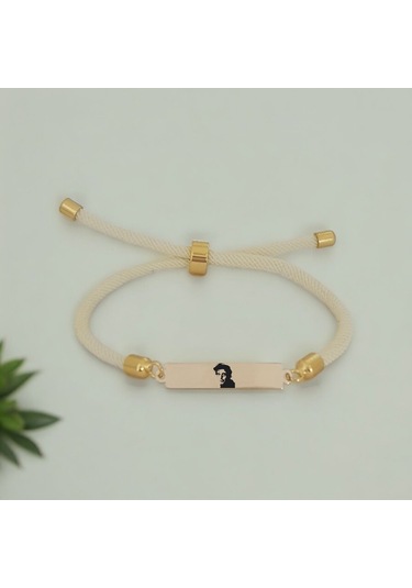 Archin Alpacino Temalı Dikdörtgen Figürlü Beyaz Örgülü 14 Ayar Altın Plakalı Hediye Bileklik-413sembol Alpacino