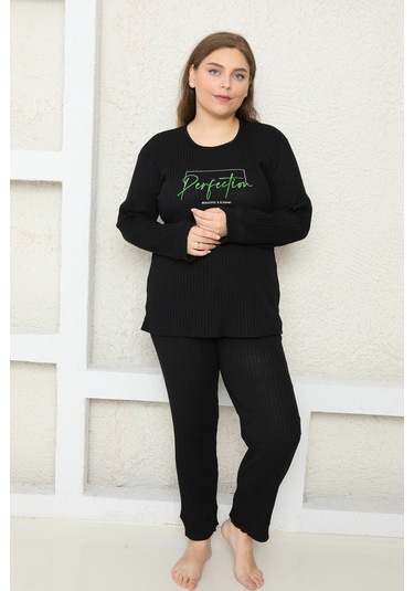 Fames Pijama Büyük Beden Fitilli Pijama Takim Siyah