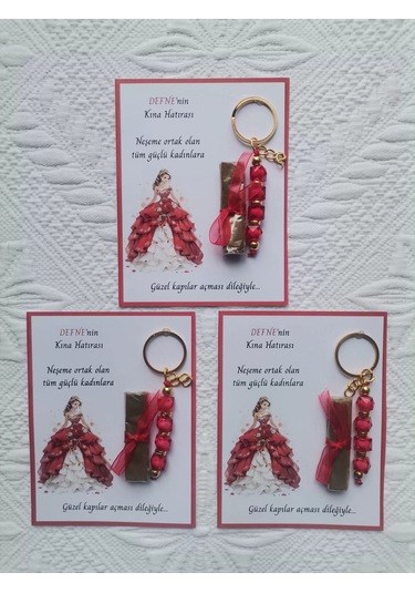 100 Adet Kişiye Özel Kına Hatırası Dağıtmalık Hediyelik Kırmızı Anahtarlık Ve Paketlenmiş Kına