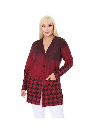 Melsay Butik Kırmızı Kazayağı Desen Kısa Büyük Beden Kadın Hırka Kırmızı