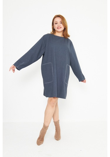Koyu Mavi Dikiş Detaylı Büyük Beden Tunik Mavi
