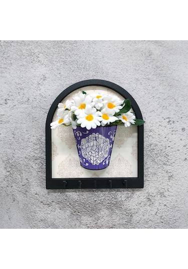 Ahşap Motifli Mor Saksı İçinde Beyaz Yapay Papatyalar Askılık Duvar Dekoru Diğer