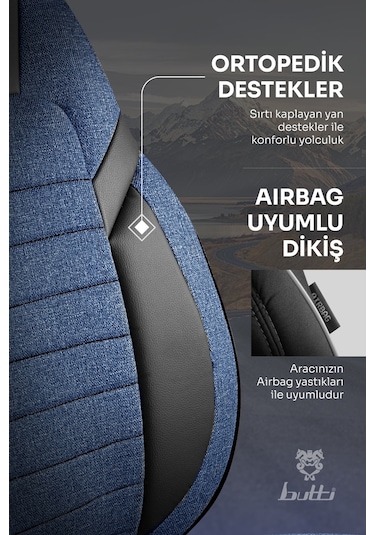 Mavi - Siyah Butti Lino Serisi Keten Kumaş Premium Oto Koltuk Kılıfı Ortopedik Destekli, Ön Arka Tam Set