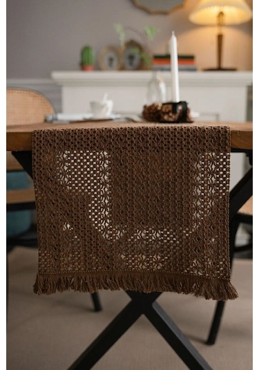 Pamuk Dantel Runner 35x145 Cm Masa Örtüsü Koyu Kahve